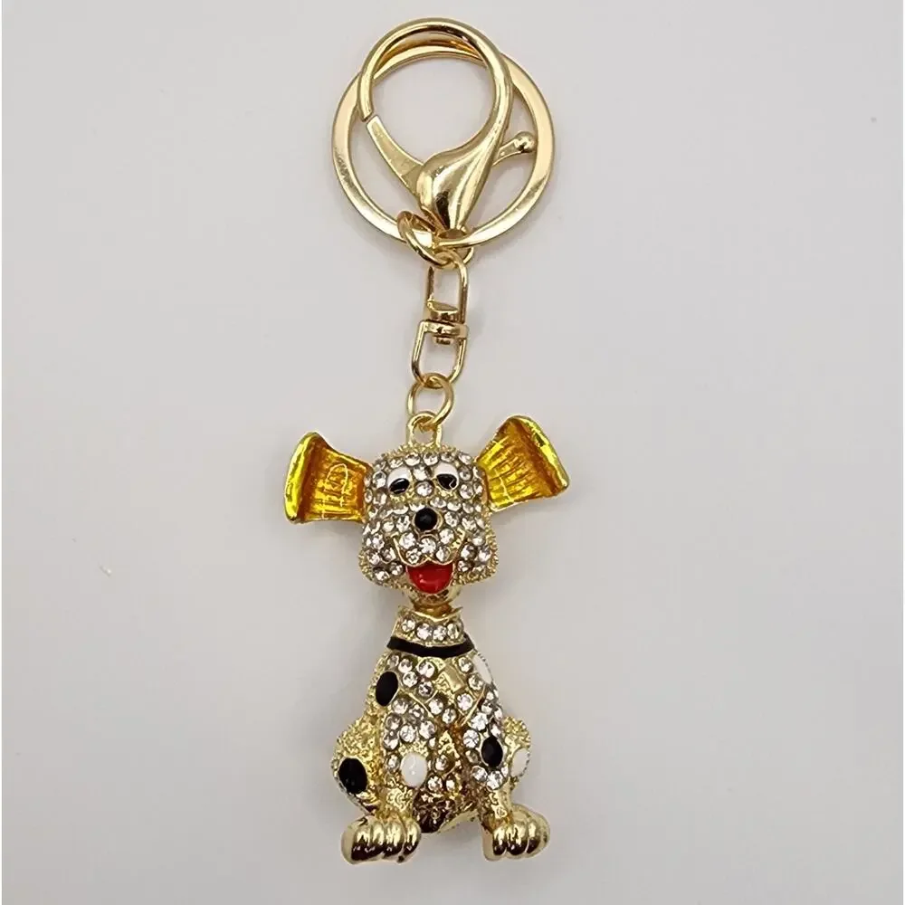 Dalmatian Dog Rhinestone Bag Charm Keychain Cartoon Style Long Ears Wobble Neck